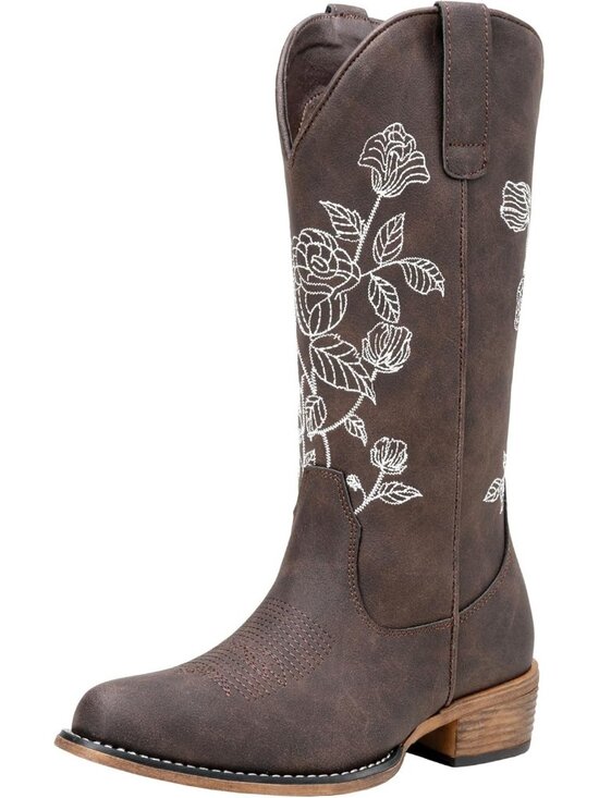 Shoes - Women's Grey Cowboy Mid Calf Boots with Embroidery Flower Low Heel Western